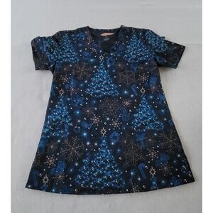 Elite Med Performance Christmas Print Navy‎ Blue Scrub Top Size M(2)